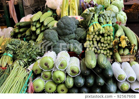 Market vegetables in Hong Kong. Chinese vegetables and Western vegetables are mixed and sold 92567608