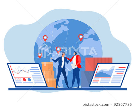 businessman shake hands, metaphor for logistics and business meetings Delivery logistics service ,stock market online laptop flat vector illustration. website design or landing web page 92567786