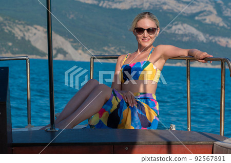 Swimsuit sea female glasses yacht dress vacation beautiful model background, from standing brunette for travel from water white, summer fashion. Glamour people caucasian, Swimsuit sea female glasses yacht dress vacation beautiful model background, from standing brunette for travel from water white, summer fashion. Glamour people caucasian, 92567891