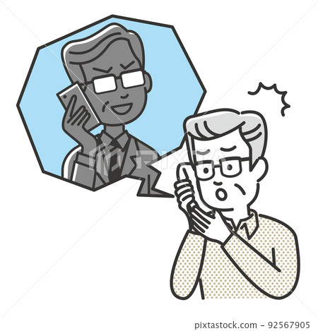 Illustration of a senior man deceived by phone fraud and oleore fraud Illustration of a senior man deceived by phone fraud and oleore fraud 92567905