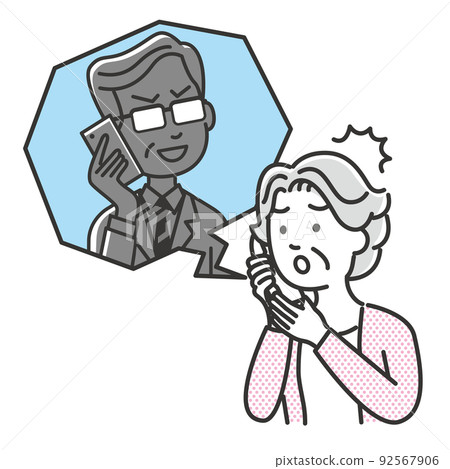 Illustration of a senior woman deceived by phone fraud and oleore fraud Illustration of a senior woman deceived by phone fraud and oleore fraud 92567906