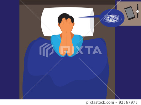 man lying in bed he is stressed and thinking Concept illustration of depression, insomnia, irritability, loneliness, trouble. Flat vector illustration. 92567973