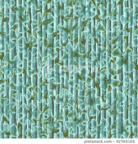 Softness Nature floral seamless pattern. Twigs with green leaves and abstract transparent light blue flowers on textured striped background. 92568168