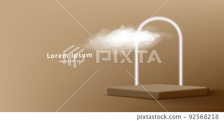 3d pedestal cube with neon light arch and realistic cloud illustration 92568218