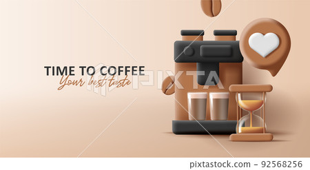 3d illustration of coffee machine with glass clock and mugs, time for coffee banner 3d illustration of coffee machine with glass clock and mugs, time for coffee banner 92568256