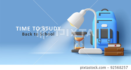 Back to school banner with 3d illustration of backpack, desk lamp, books with glass sand clock Back to school banner with 3d illustration of backpack, desk lamp, books with glass sand clock 92568257