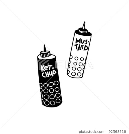 Ketchup and mustard, diner condiment set. Simple black and white doodle illustration, isolated. Ketchup and mustard, diner condiment set. Simple black and white doodle illustration, isolated. 92568316