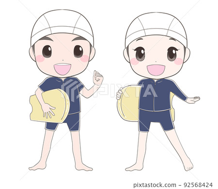 穿著泳衣和拿著踢板的小學男孩和女孩 92568424