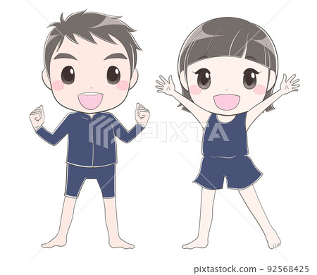 泳裝的小學男孩和女孩 92568425