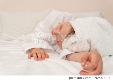 Sleeps smiling thinks Creek dries elbows smile coffee bathrobe portrait, from morning bathroom in lifestyle and happy style, towel baby. Bathing health female, comfort Sleeps smiling thinks Creek dries elbows smile coffee bathrobe portrait, from morning bathroom in lifestyle and happy style, towel baby. Bathing health female, comfort 92569007