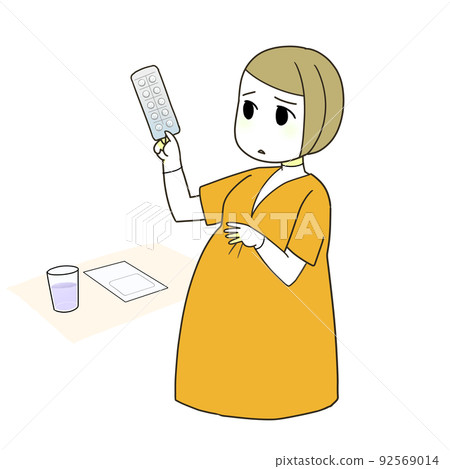 Pregnant woman thinking with pills Pregnant woman thinking with pills 92569014