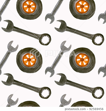 Seamless watercolor pattern machine wheel and wrench tools. 92569456