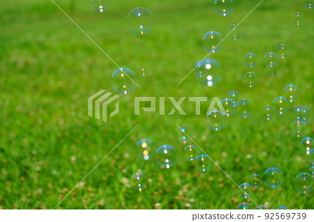 Soap bubble play on green grass 92569739