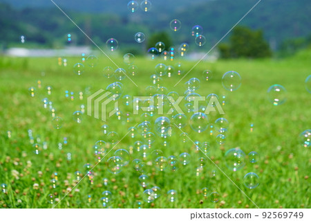 肥皂泡在綠草上玩耍 92569749