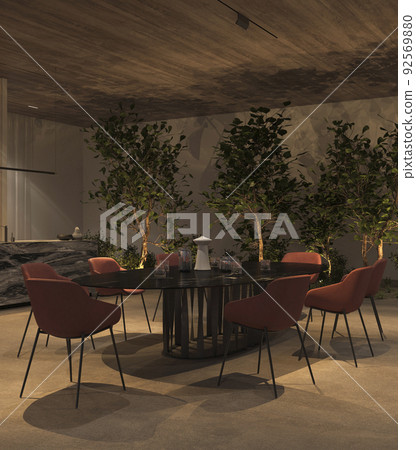 Luxury open kitchen and dining room with night lighting, green plants, stone floor, wooden ceiling. 3d render illustration interior apartment. 92569880