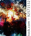 Abstract digital painting of tree at sunset time, warm tone image 92571532