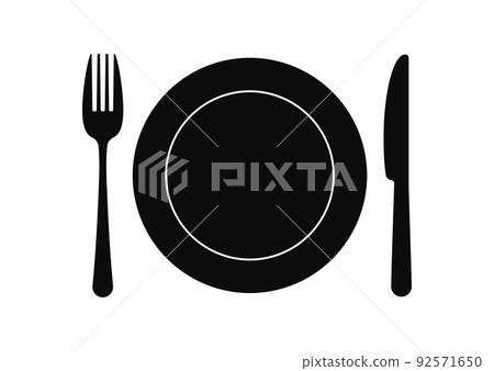 Black empty plate with knife and fork icon isolated on a white background. Black empty plate with knife and fork icon isolated on a white background. 92571650
