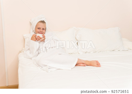 Coffee cell girl bed bathrobe copyspace white portrait morning smile, for dressing hotel in shower and gown take, towel bathing. Head funny female, Coffee cell girl bed bathrobe copyspace white portrait morning smile, for dressing hotel in shower and gown take, towel bathing. Head funny female, 92571651