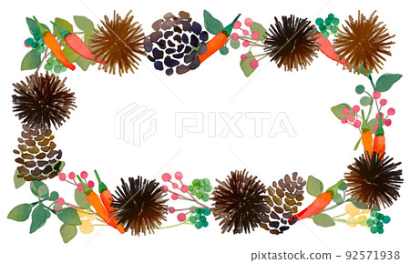 Watercolor. Vector frame of autumn plants and pine cones with a watercolor touch. Decorative frame of autumn nuts and leaves. 92571938