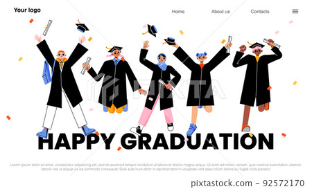 Happy graduation banner with graduates jump 92572170