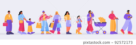 People stand in queue, diverse characters waiting 92572173