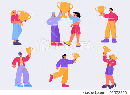 Happy people with trophy cups, winners with goblet Happy people with trophy cups, winners with goblet 92572233