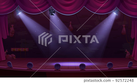 Theater stage with spotlights, red curtains, scene 92572248