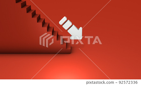 A white arrow that has finished going down the stairs. An abstract concept that represents demotion and descent. The end and misery. 92572336