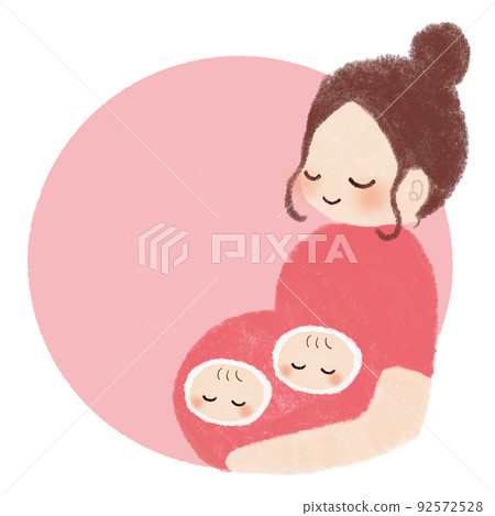 帶有復制空間的孕婦和雙胞胎嬰兒的可愛插圖素材 92572528