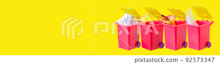 Garbage containers with different types of waste. The concept of garbage separation. Copy space Garbage containers with different types of waste. The concept of garbage separation. Copy space 92573347