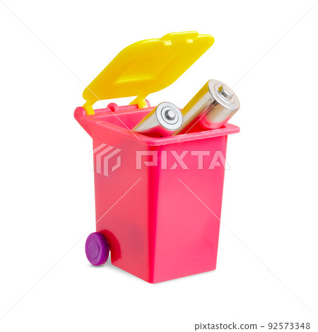 The batteries are in the dumpster. The concept of garbage separation. Isolated on white. The batteries are in the dumpster. The concept of garbage separation. Isolated on white. 92573348