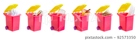 Garbage containers with different types of waste. The concept of garbage separation. Isolated on white. Garbage containers with different types of waste. The concept of garbage separation. Isolated on white. 92573350