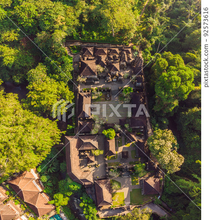 Aerial shot of the Pura Gunung Lebah temple in Ubud on the Bali island 92573616