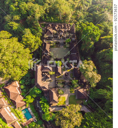 Aerial shot of the Pura Gunung Lebah temple in Ubud on the Bali island 92573637
