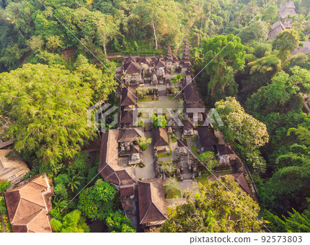 Aerial shot of the Pura Gunung Lebah temple in Ubud on the Bali island Aerial shot of the Pura Gunung Lebah temple in Ubud on the Bali island 92573803