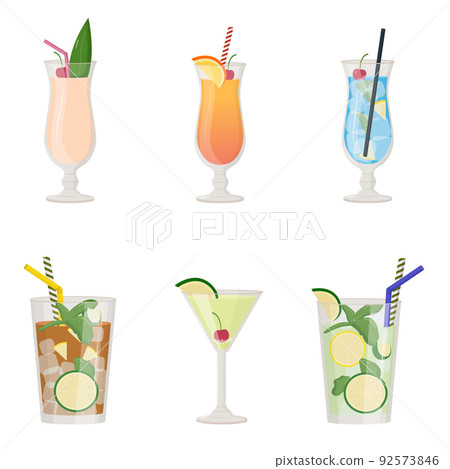 Collection of summer alcoholic drinks, tropical cocktails. Beach party concept. Flat vector illustration Collection of summer alcoholic drinks, tropical cocktails. Beach party concept. Flat vector illustration 92573846