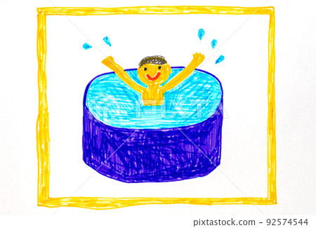 The boy happily swims in the pool. Children's drawing on paper. 92574544