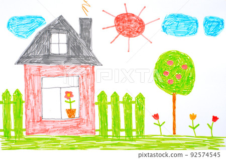 A house, a fence, flowers and an apple tree. Children's drawing on paper. A house, a fence, flowers and an apple tree. Children's drawing on paper. 92574545