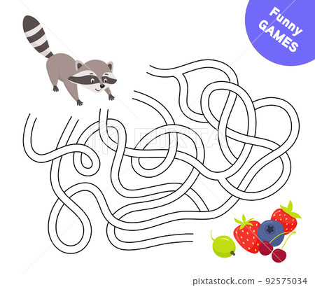 Help cute raccoon find path to berries. Labyrinth. Maze game for kids. Vector illustration character isolated on white 92575034