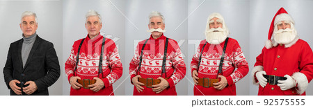 Collage of an elderly man gradually dressing up as santa claus for christmas. Collage of an elderly man gradually dressing up as santa claus for christmas. 92575555