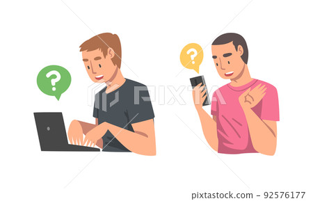 Young Man Character Asking Question Using Internet Search System on Smartphone and Laptop Vector Set Young Man Character Asking Question Using Internet Search System on Smartphone and Laptop Vector Set 92576177