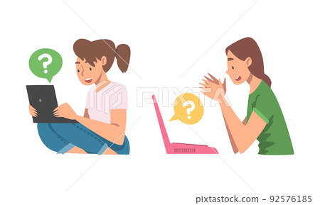 Young Woman Character Asking Question Using Internet Search System on Her Laptop Vector Set 92576185
