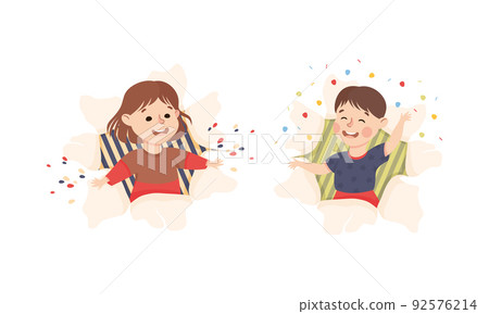 Children Looking Through Torn Paper Hole with Confetti Explosion Vector Set Children Looking Through Torn Paper Hole with Confetti Explosion Vector Set 92576214