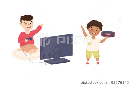 Cute Boy Playing Video Game with Gamepad and Listening to Music with Tape Recorder Vector Set Cute Boy Playing Video Game with Gamepad and Listening to Music with Tape Recorder Vector Set 92576343