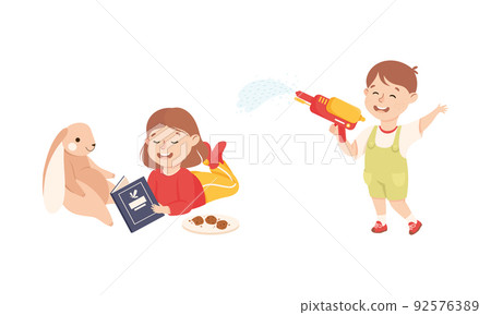 Smiling Boy and Girl Reading Book with Toy Hare and with Water Pistol Playing and Having Fun Vector Set Smiling Boy and Girl Reading Book with Toy Hare and with Water Pistol Playing and Having Fun Vector Set 92576389