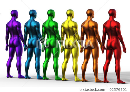3D render. Row of naked multicolored men stand with their backs against a white background.  92576501