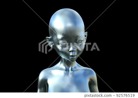 Silver bald alien humanoid on a black background. 92576519