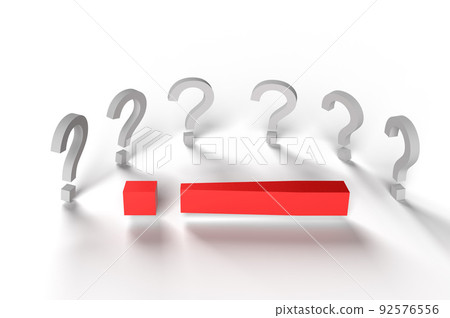 A red exclamation mark is next to a lot of question marks. 3d render.  92576556