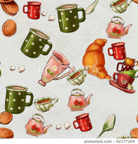 Seamless hand drawn pattern. Tea drinking illustration. 92577264
