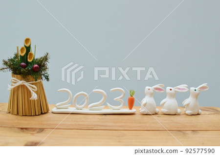 Paper clay white rabbit, carrot and Kadomatsu New Year's material Paper clay white rabbit, carrot and Kadomatsu New Year's material 92577590